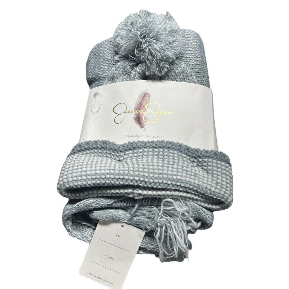 Jessica Simpson Womens Knit Hat And Triangle Scarf Set One Size Gray Fringe New